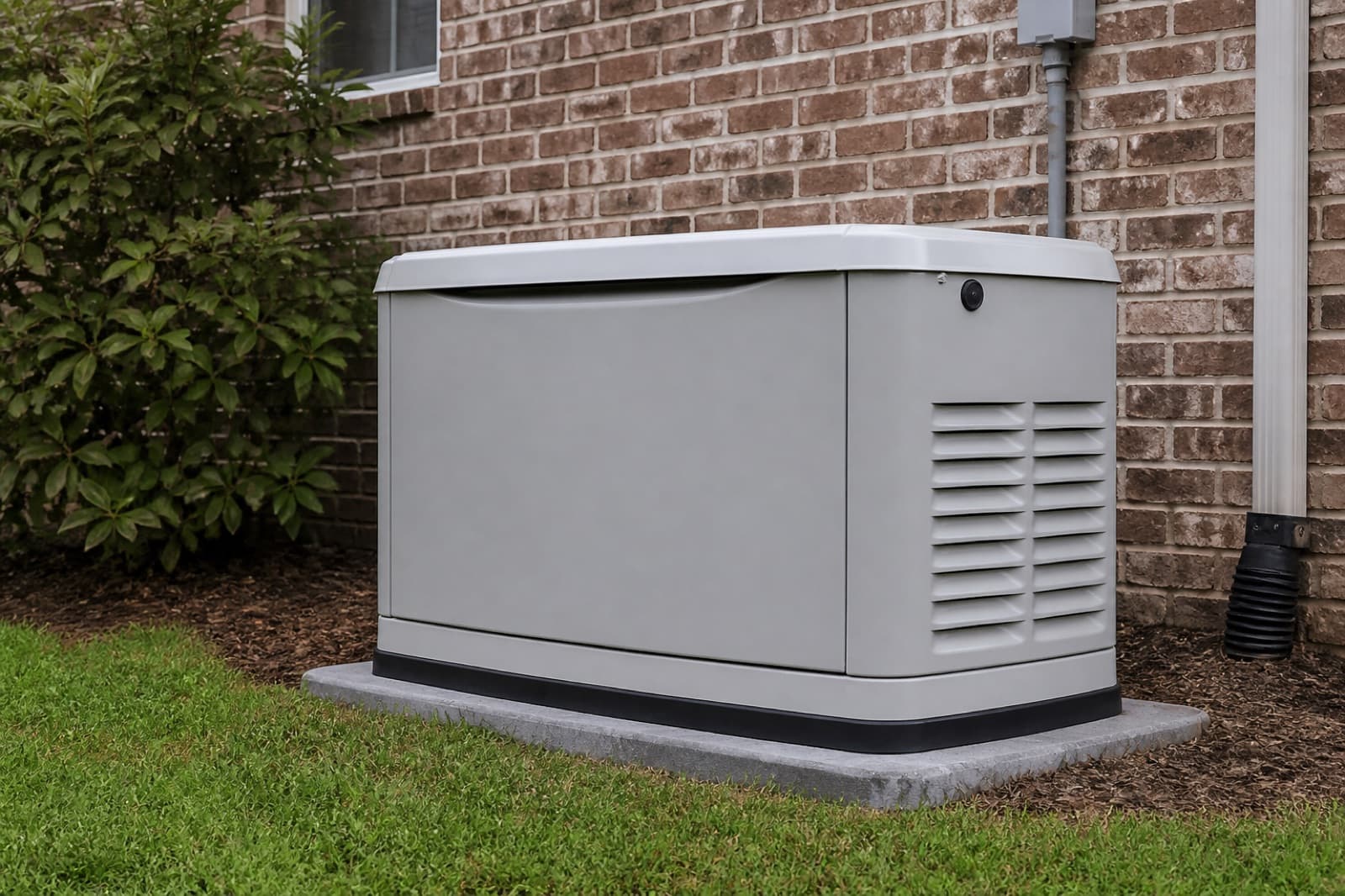 Residential standby generator on a concrete pad beside a brick house